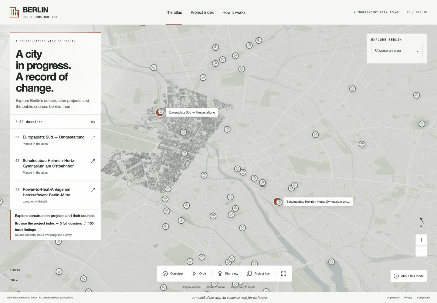 Berlin construction atlas showing a city map and source-linked project listings