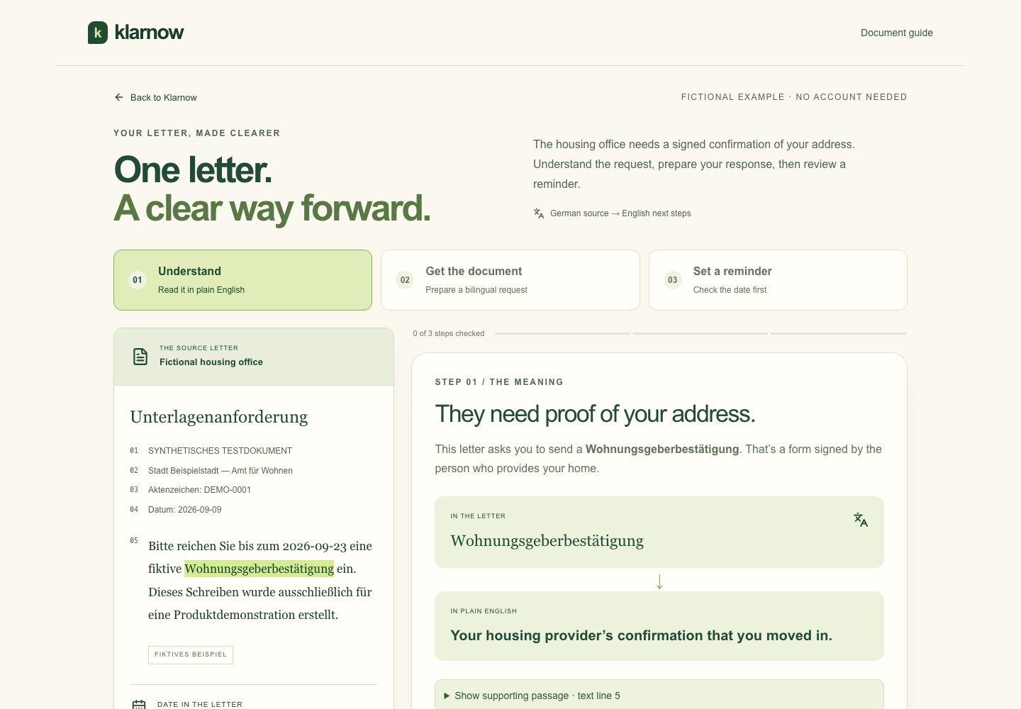 Klarnow prepared fictional German housing letter with its explanation and original source passage